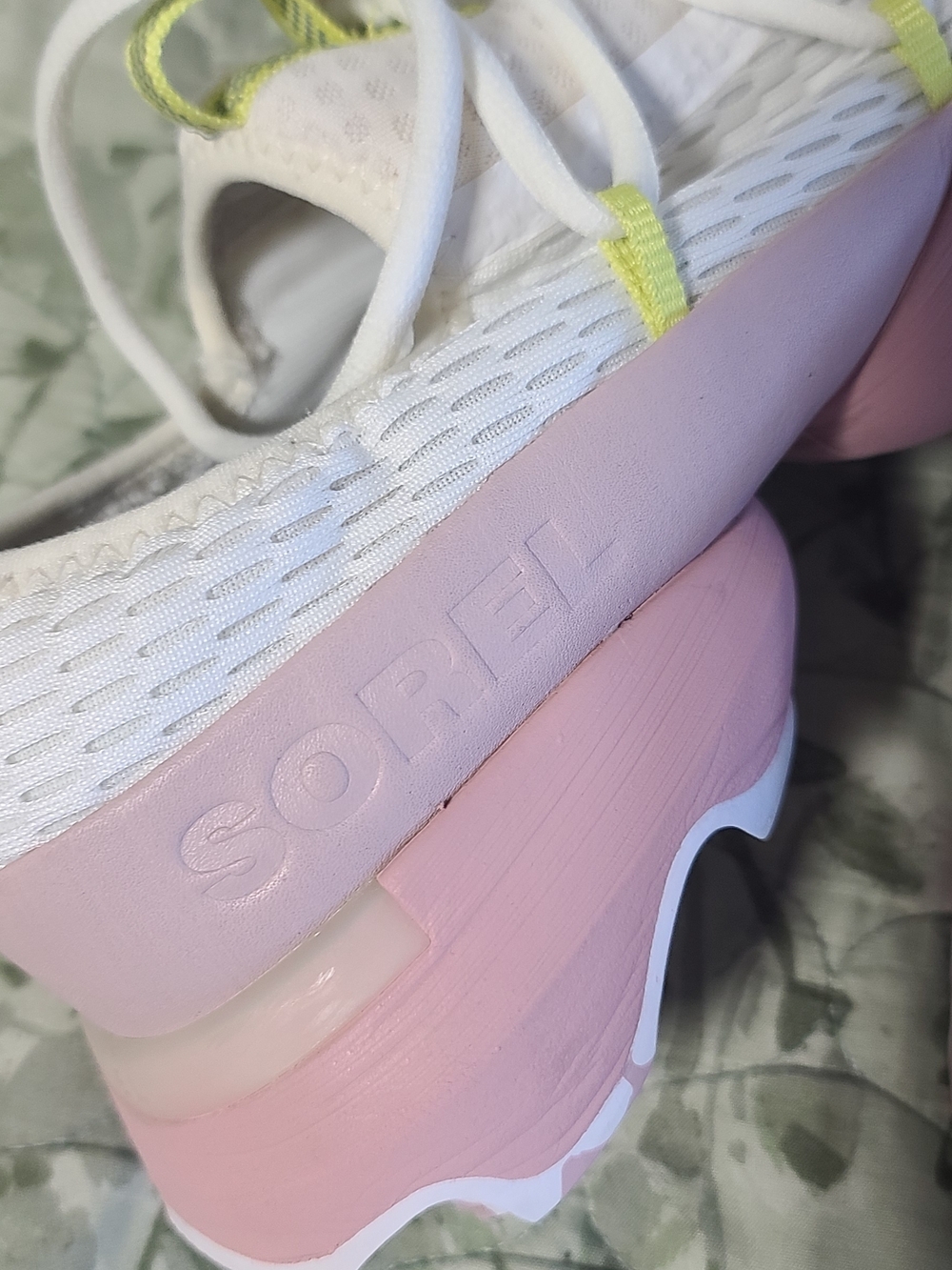 SOREL White and Pink Athletic Sneakers with Neon Yellow Accents - Picture 4 of 8
